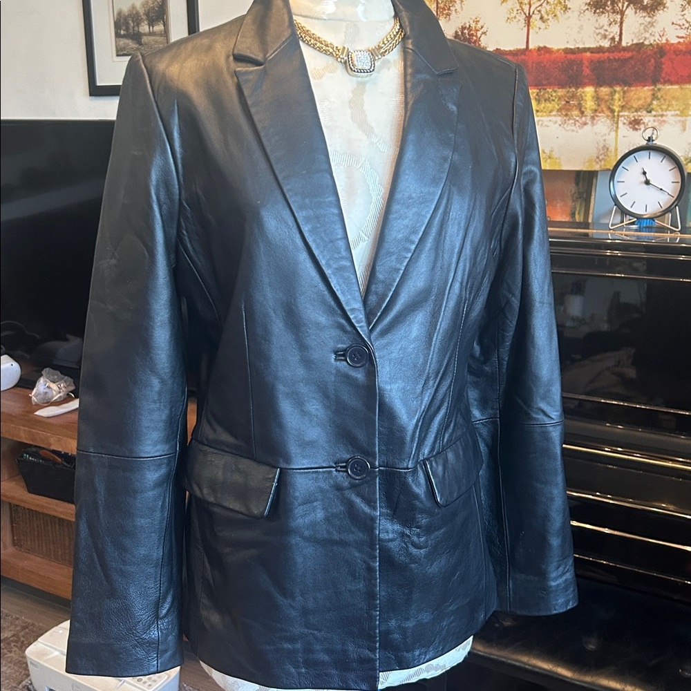 Jaclyn Smith Black Leather Blazer Jacket, Sz 10